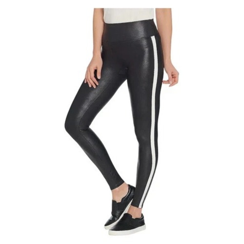 Spanx Women's Faux Leather Black & White Striped Leggings Tuxedo XL NWT